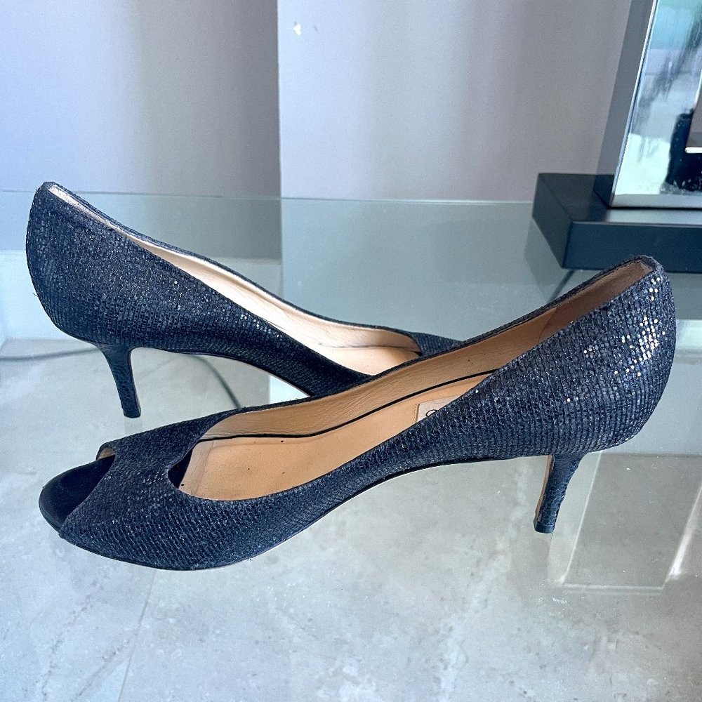 Jimmy Choo Black Sparkly Peep Toe Kitten Heel | Size 40.5